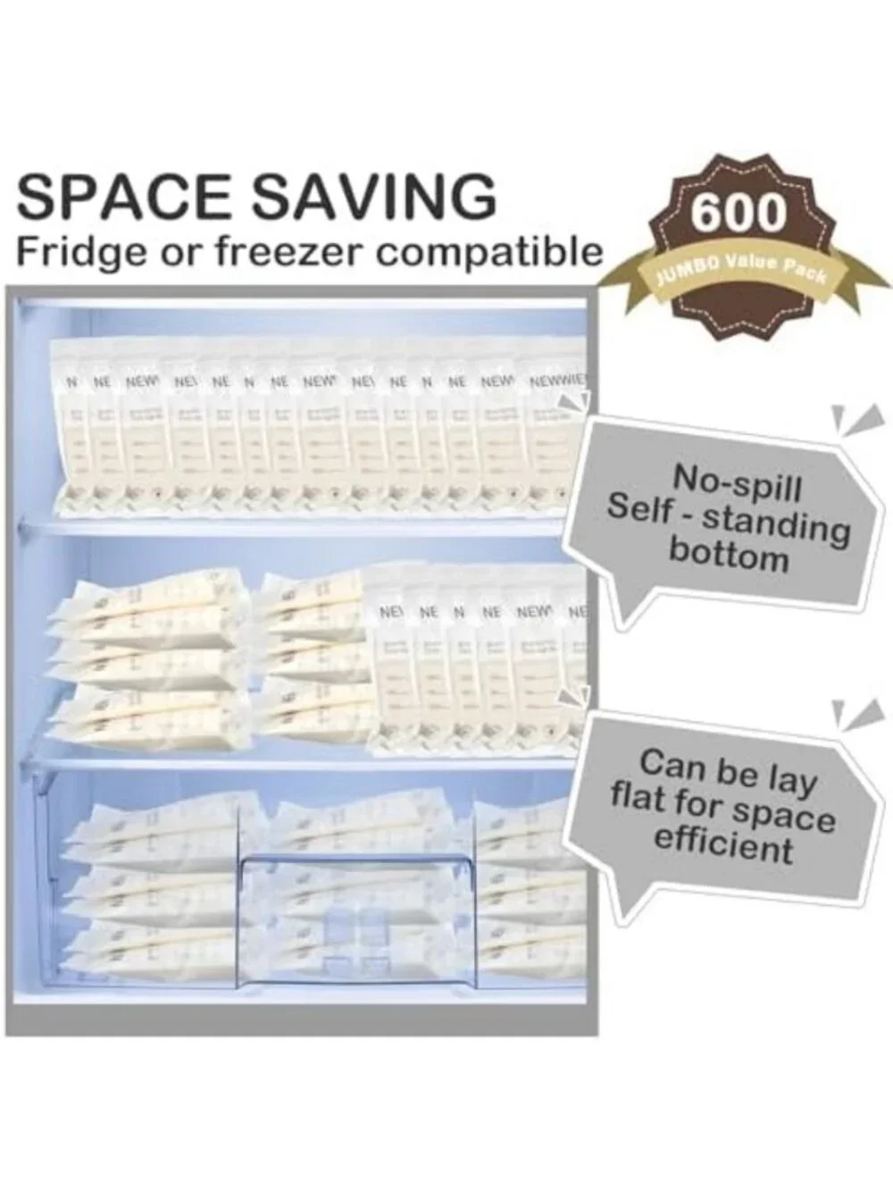 600 Count Breastmilk Storage Bags 7oz Self-Standing Freezer Safe, Gray
